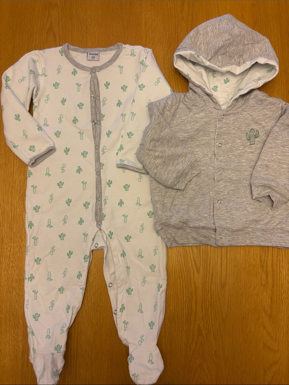 Absorba Gray Hoodie Jacket & White Cactus Print Footed Onesie - aged 18months